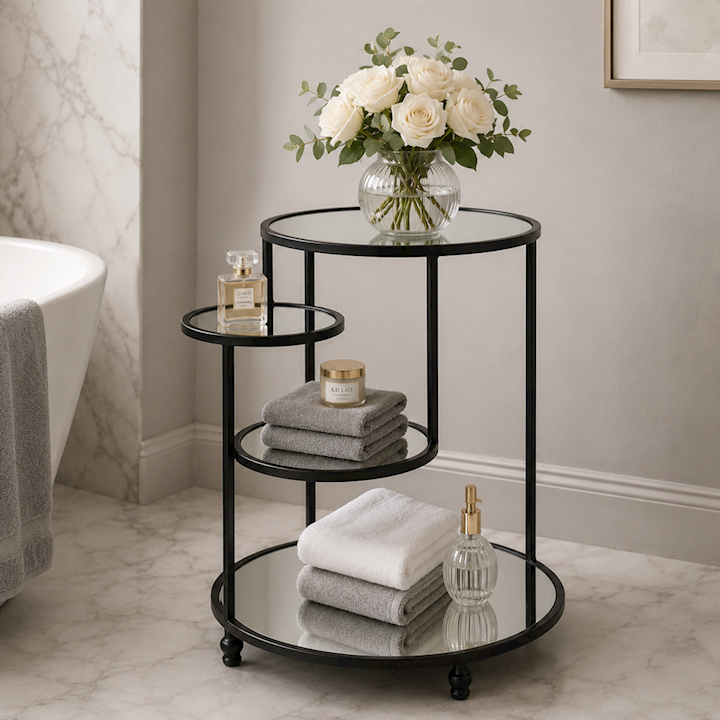 BLACK SIDE TABLE WITH MIRRORED GLASS 56x56x65cm